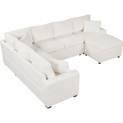 112.2" Sectional Sofa Pull-out Sofa Bed Sleeper with a Storage Ottoman,Three Pillows and Charging Devices for Living Room, Cream