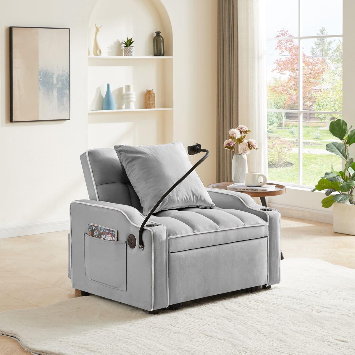 Convertible Sleeper Chair Sofa Bed Adjustable Pull Out Sleeper Chair Bed Multi-Pockets Folding Sofa Bed for Living Room Bedroom Small Space,3-in-1 Sofa Bed