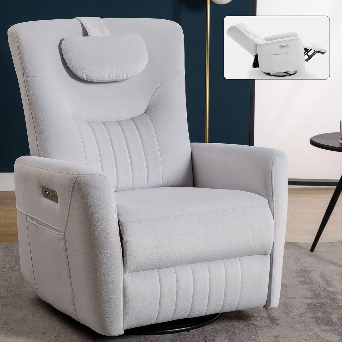 Beige Swivel and Rocker Power Recliner Chair with Lumbar and Neck Support Pillow, Heavy Duty Motion Mechanism with USB and Type-C Ports