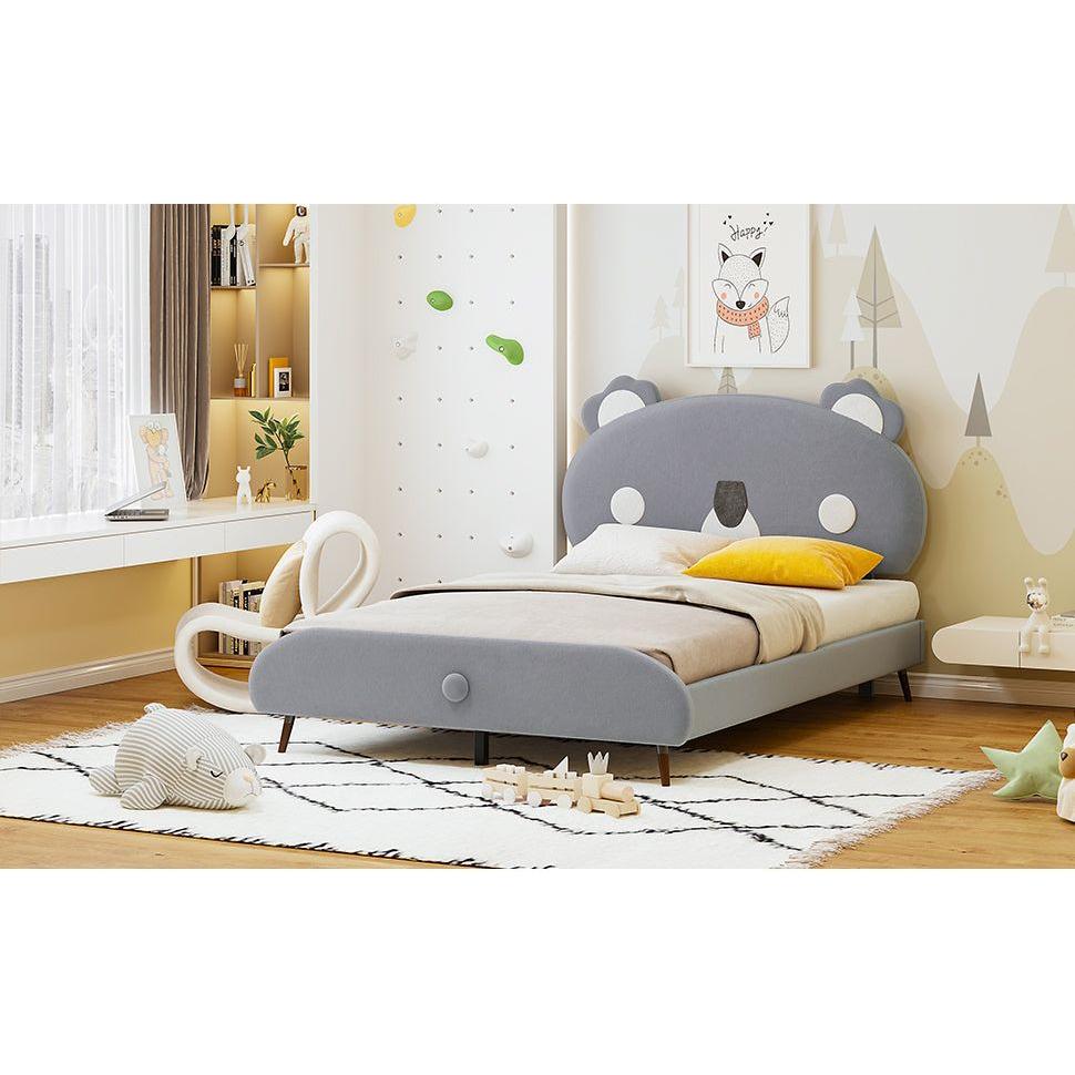 Full Size Upholstered Platform Bed with Koala-Shaped Headboard, Gray