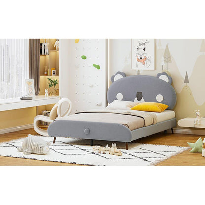 Full Size Upholstered Platform Bed with Koala-Shaped Headboard, Gray