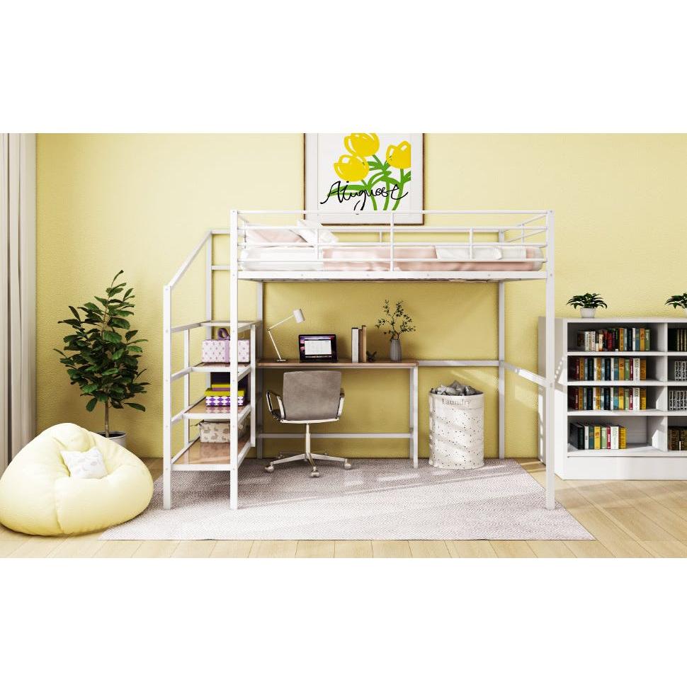 Full Size Metal Loft Bed with Desk and Lateral Storage Ladder, White