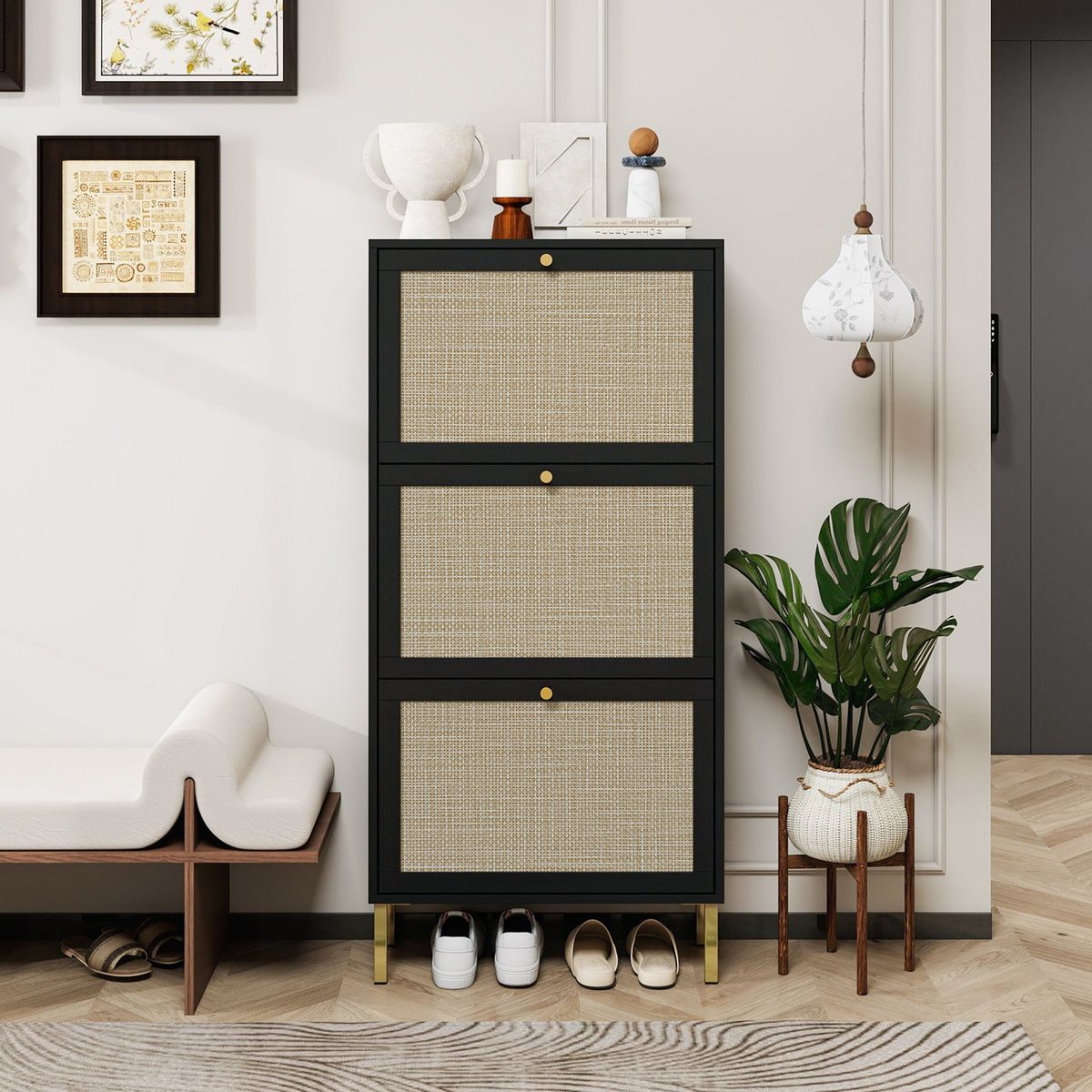 Rattan 3 Door Shoe Rack, Freestanding Modern Shoe Storage Cabinet, for Entryway