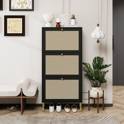Rattan 3 Door Shoe Rack, Freestanding Modern Shoe Storage Cabinet, for Entryway