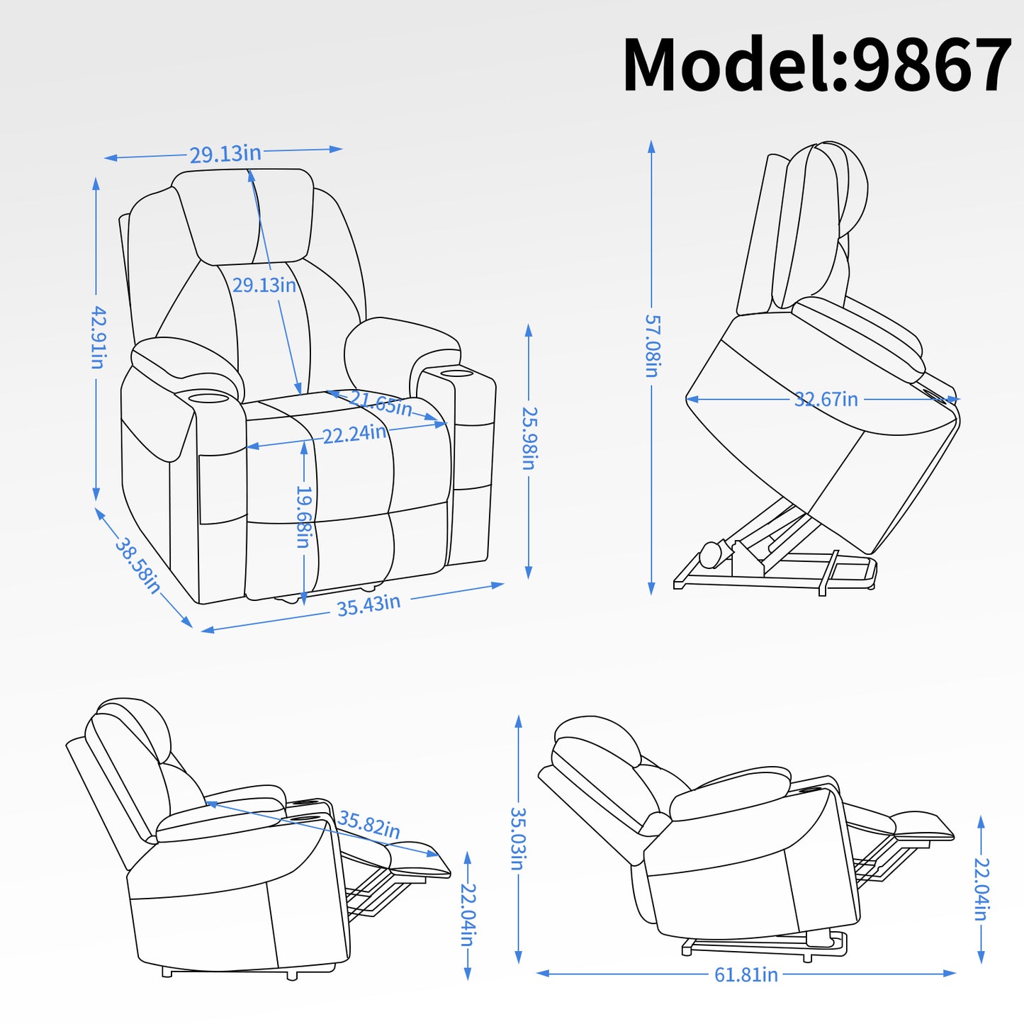 Okin motor Up to 350 LBS Chenille Power Lift Recliner Chair, Heavy Duty Motion Mechanism with 8-Point Vibration Massage and Lumbar Heating, USB and Type-C Ports, Stainless Steel Cup Holders, Blue