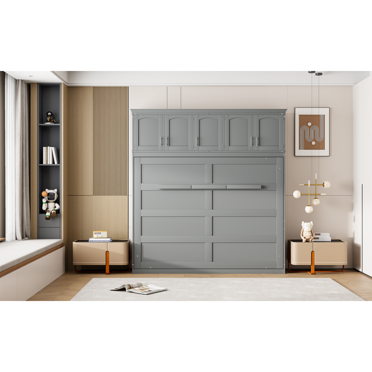 Full Size Murphy Bed Wall Bed with Top Cabinets,Gray