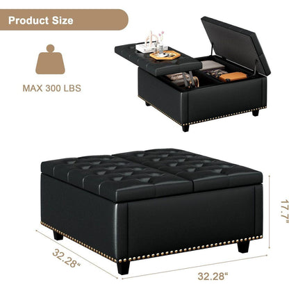 Large square storage stool with two storage doors, footstool for living room Studded mid-century modern coffee table, black PU leather