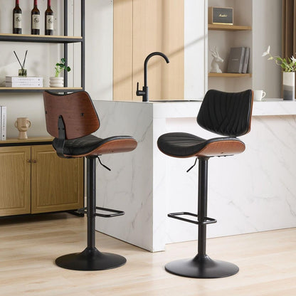 Walnut Bentwood Bar Stools Mid Century Modern Adjustable Counter Height Black Leather Upholstered 360Swivel Bar Chairs for Kitchen Island/Dining Room/Cafe, 1 chair/1carton,Black