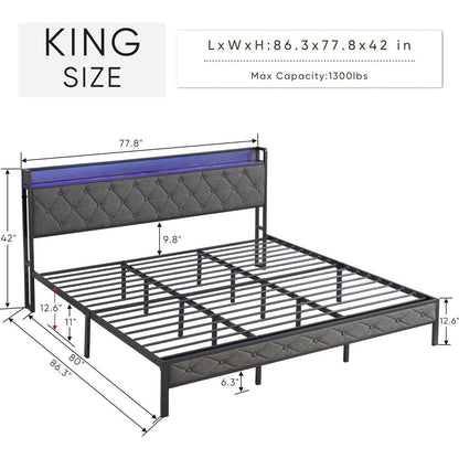 King Bed Frame with Storage Headboard, Charging Station and LED Lights, Upholstered Platform Bed with Heavy Metal Slats, No Box Spring Needed, Noise Free, Easy Assembly, Dark Gray