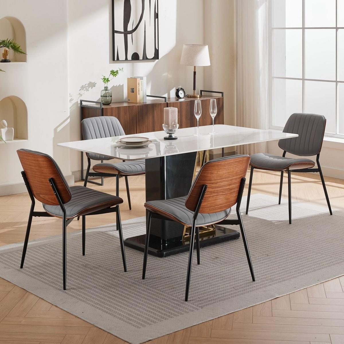 Dining Chairs Set of 2 Mid Century Modern Retro Faux Leather Chair with Walnut Bentwood Back Upholstered Seat Metal Legs Adjustable Foot for Kitchen Dining Room Chairs(Gray PU)