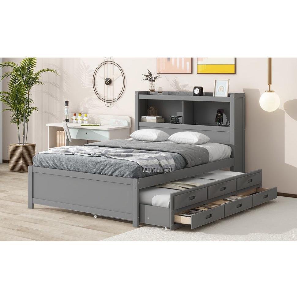 Full Size platform bed with trundle, drawers and USB plugs, Gray