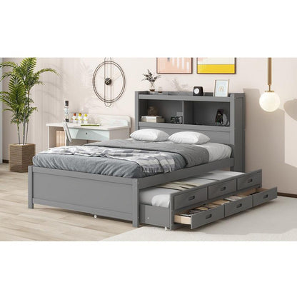 Full Size platform bed with trundle, drawers and USB plugs, Gray