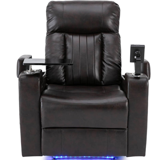 Premium Power Recliner with Storage Arms, Cupholders, Swivel Tray Table and Cell Phone Stand, Brown PU Leather, 35'' x 29.9'' x 41.2''