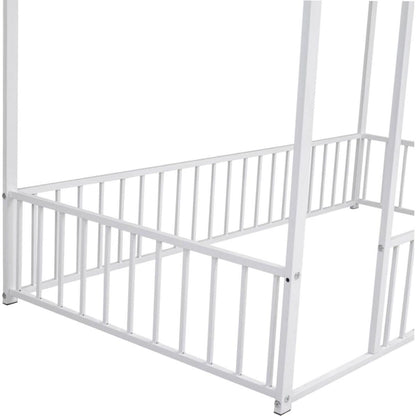 Twin Size Metal Bed House Bed Frame with Fence, for Kids, Teens, Girls, Boys, White