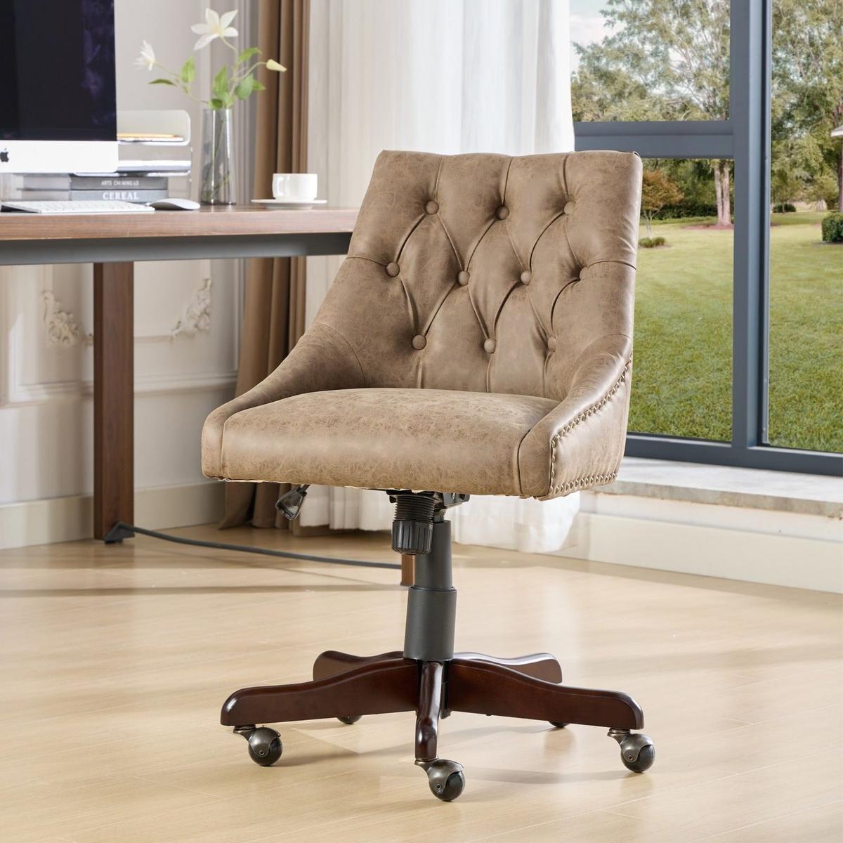 Medieval Retro Style Sheepskin Pattern Fabric Home Office Chair with Lift, Swivel and Recline Functions,Brown color