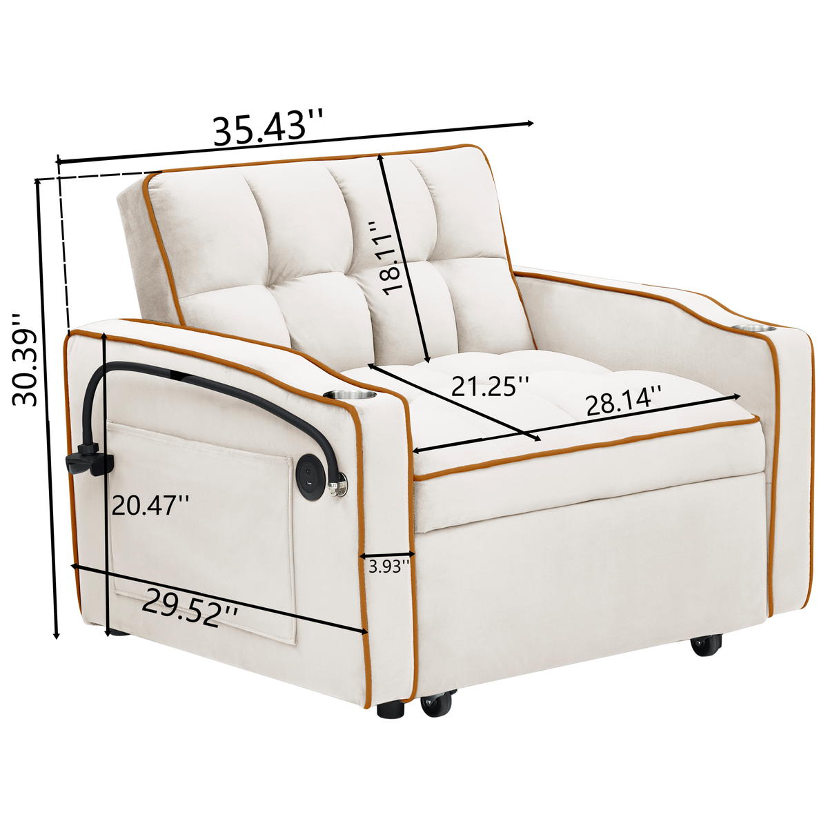 1 versatile foldable sofa bed in 3 lengths, modern sofa sofa sofa velvet pull-out bed, adjustable back and with USB port and ashtray and swivel phone stand creamy white