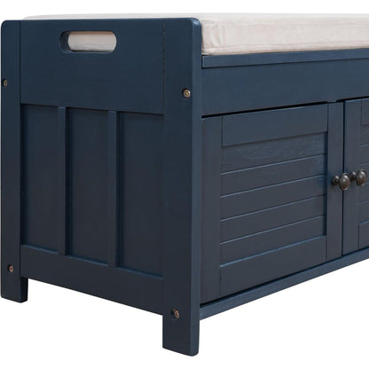 Storage Bench with 3 Shutter-shaped Doors, Shoe Bench with Removable Cushion and Hidden Storage Space (Antique Navy