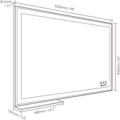 48x24 inch LED Bathroom Vanity Mirror Wall Mounted Adjustable White/Warm/Natural Lights Anti-Fog Touch Switch with Memory Modern Smart Large Bathroom Mirrors