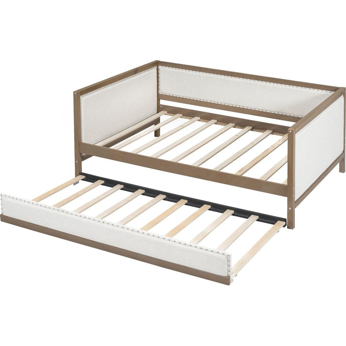 Full Size Upholstered Daybed with Trundle and Nailhead Decoration, Wood Color