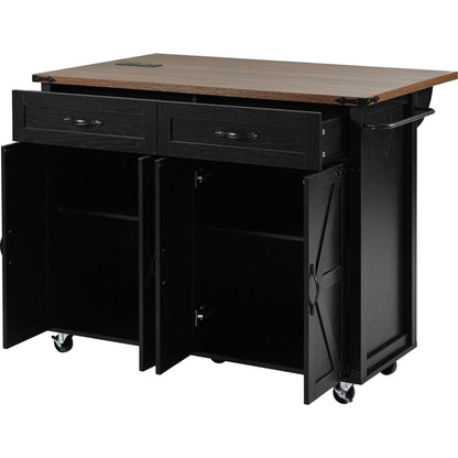 53.5"Farmhouse Kitchen Island with Power Outlet, Kitchen Storage Island with Drop Leaf, Spice Rack and Drawer, Rolling Kitchen Cart on Wheels, for Home, Kitchen and Dining Room, Black