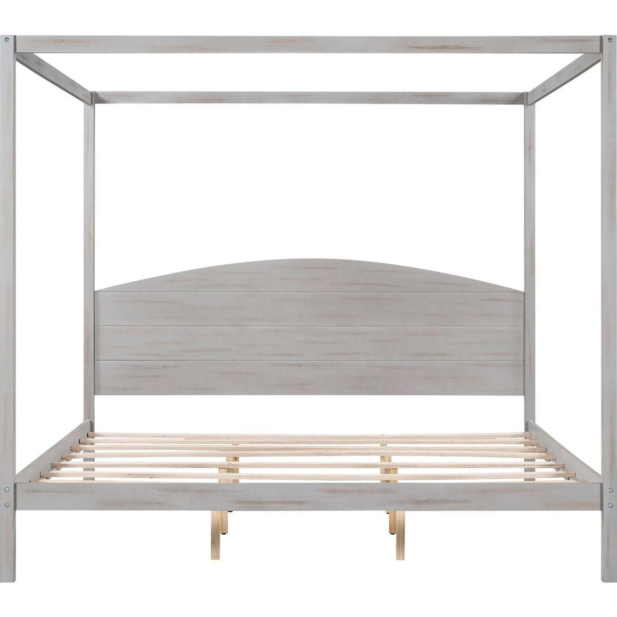 King Size Canopy Platform Bed with Headboard and Support Legs, Grey Wash