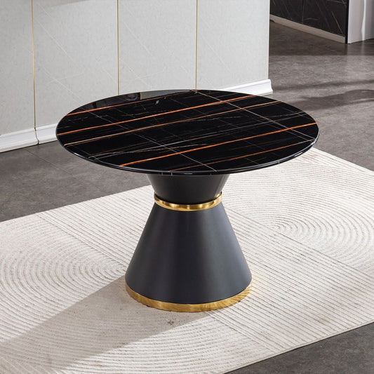 Black Marble Printed MDF Round Dining Table, Black Columnar Base with Gold Annulus(Not Including Chairs)