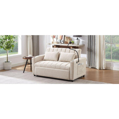 55.9" Convertible Sofa Bed Loveseat Sofa with Three USB Ports, Two Side Pockets, Two Cup Holders and 360Swivel Phone Holder for Living Room, Beige