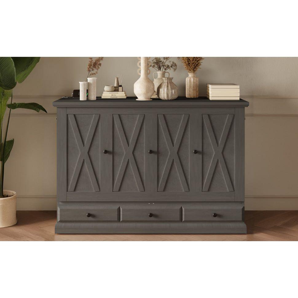 Solid Pine Murphy Bed Chest Cube Cabinet Bed with Charging Station and Large Storage Drawer for Home Office or Small Room,Full,Gray