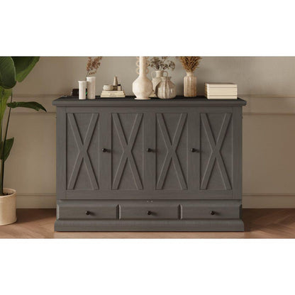 Solid Pine Murphy Bed Chest Cube Cabinet Bed with Charging Station and Large Storage Drawer for Home Office or Small Room,Full,Gray