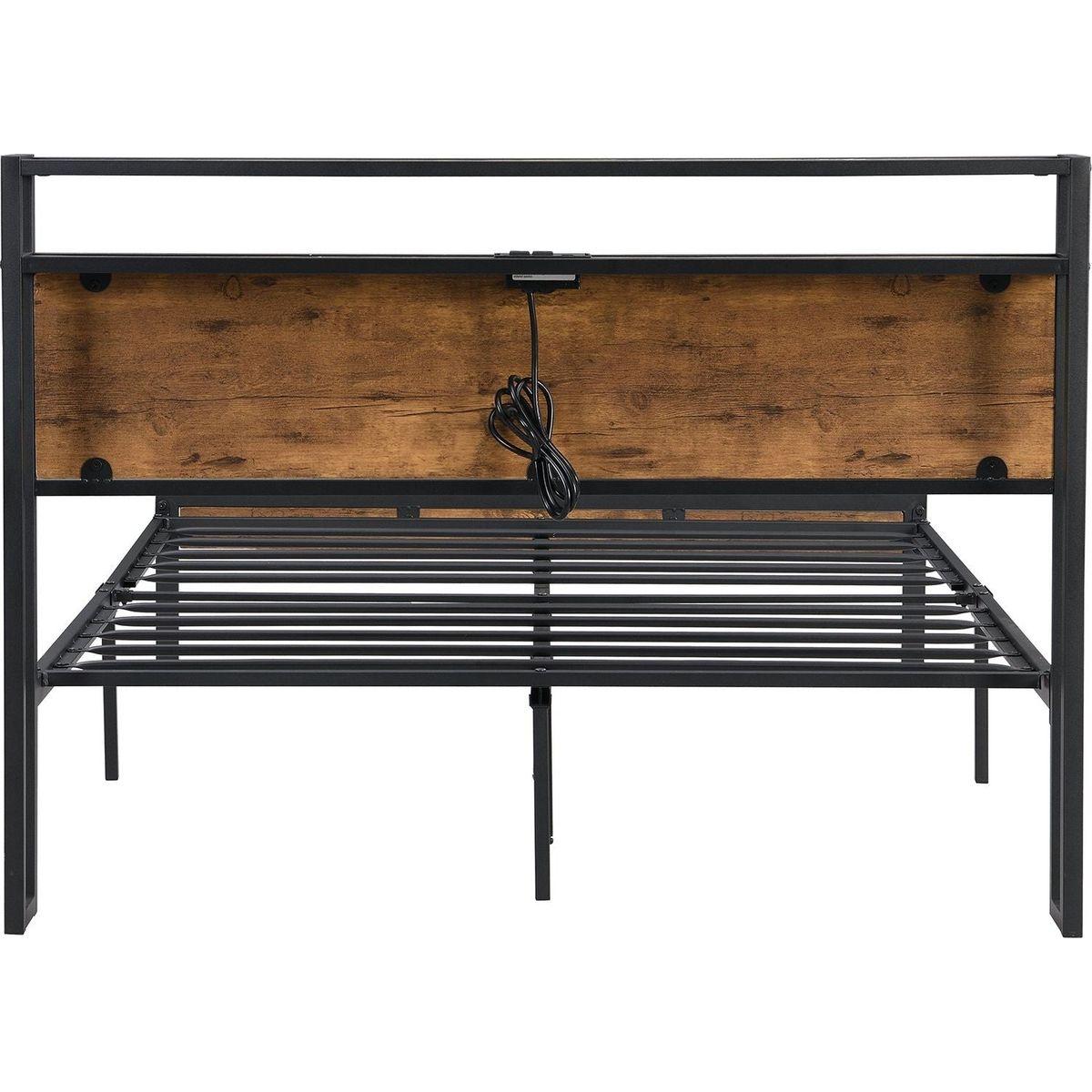Queen Size Metal Platform Bed Frame with Wooden Headboard and Footboard with USB LINER, No Box Spring Needed, Large Under Bed Storage, Easy Assemble