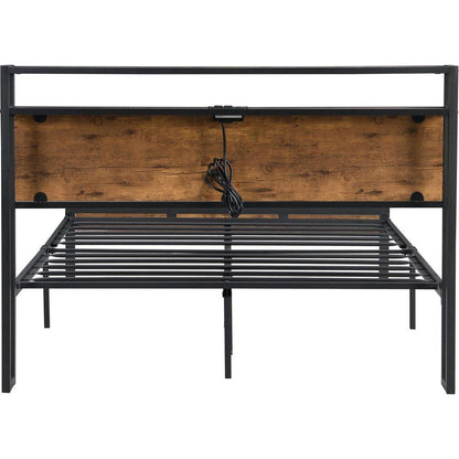 Queen Size Metal Platform Bed Frame with Wooden Headboard and Footboard with USB LINER, No Box Spring Needed, Large Under Bed Storage, Easy Assemble