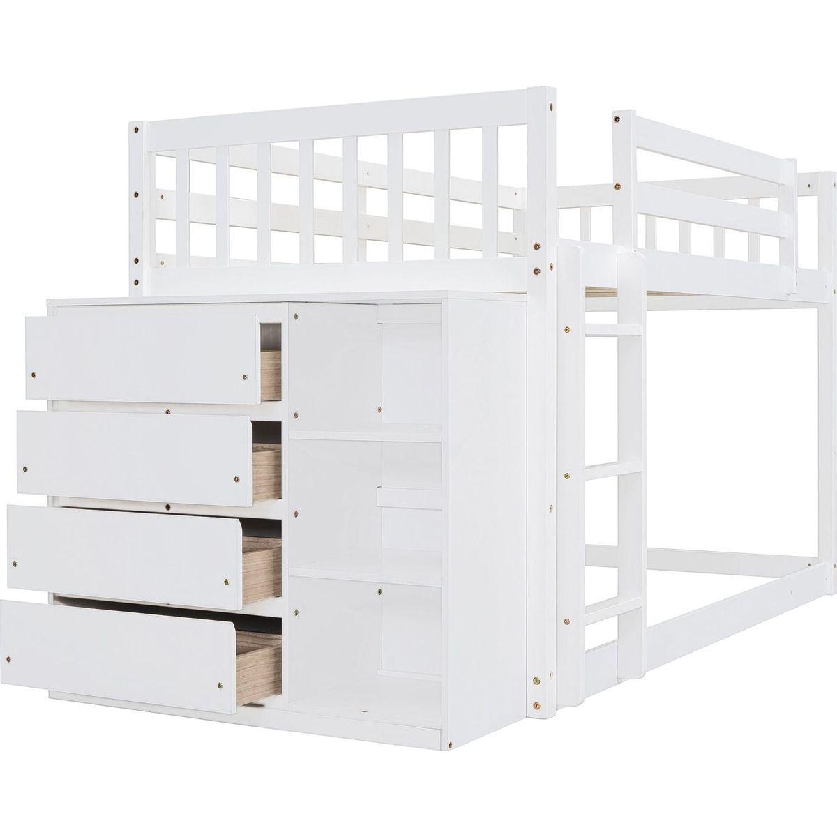 Twin over Twin Bunk Bed with 4 Drawers and 3 Shelves-White
