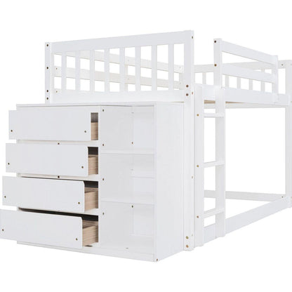 Twin over Twin Bunk Bed with 4 Drawers and 3 Shelves-White