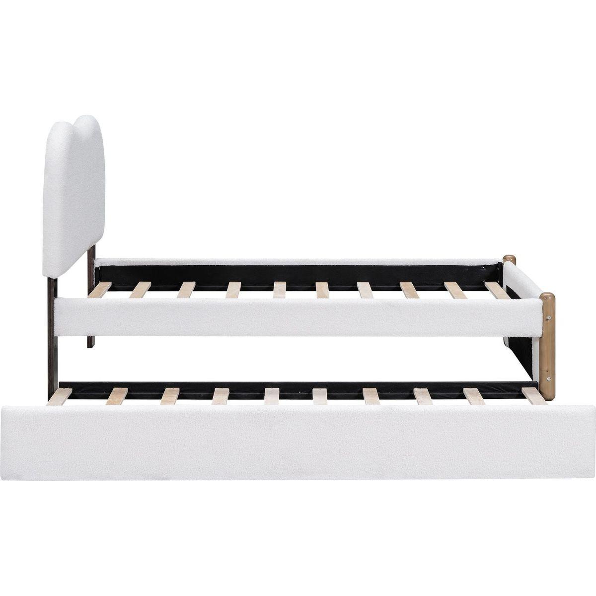 Twin Size Upholstered Platform Bed with Wood Supporting Feet and Twin Size Trundle, White