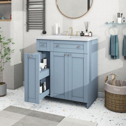 Modern 30-Inch Bathroom Vanity Cabinet with Easy-to-Clean Resin Integrated Sink in Blue