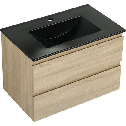 30" Wall-Mounted Bathroom Vanity With Black Ceramic Sink, 2-Soft Close Drawers, KD-Package