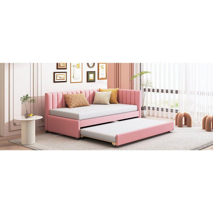 Upholstered Daybed with Trundle Twin Size Sofa Bed Frame No Box Spring Needed, Linen Fabric(Pink)