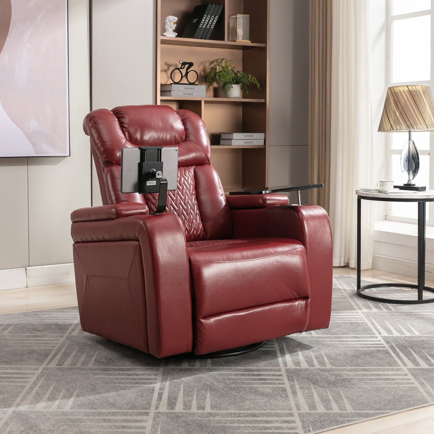 270 Degree Swivel PU Leather Power Recliner Individual Seat Home Theater Recliner with Comforable Backrest, Tray Table, Phone Holder, Cup Holder, USB Port, Hidden Arm Storage for Living Room, Red