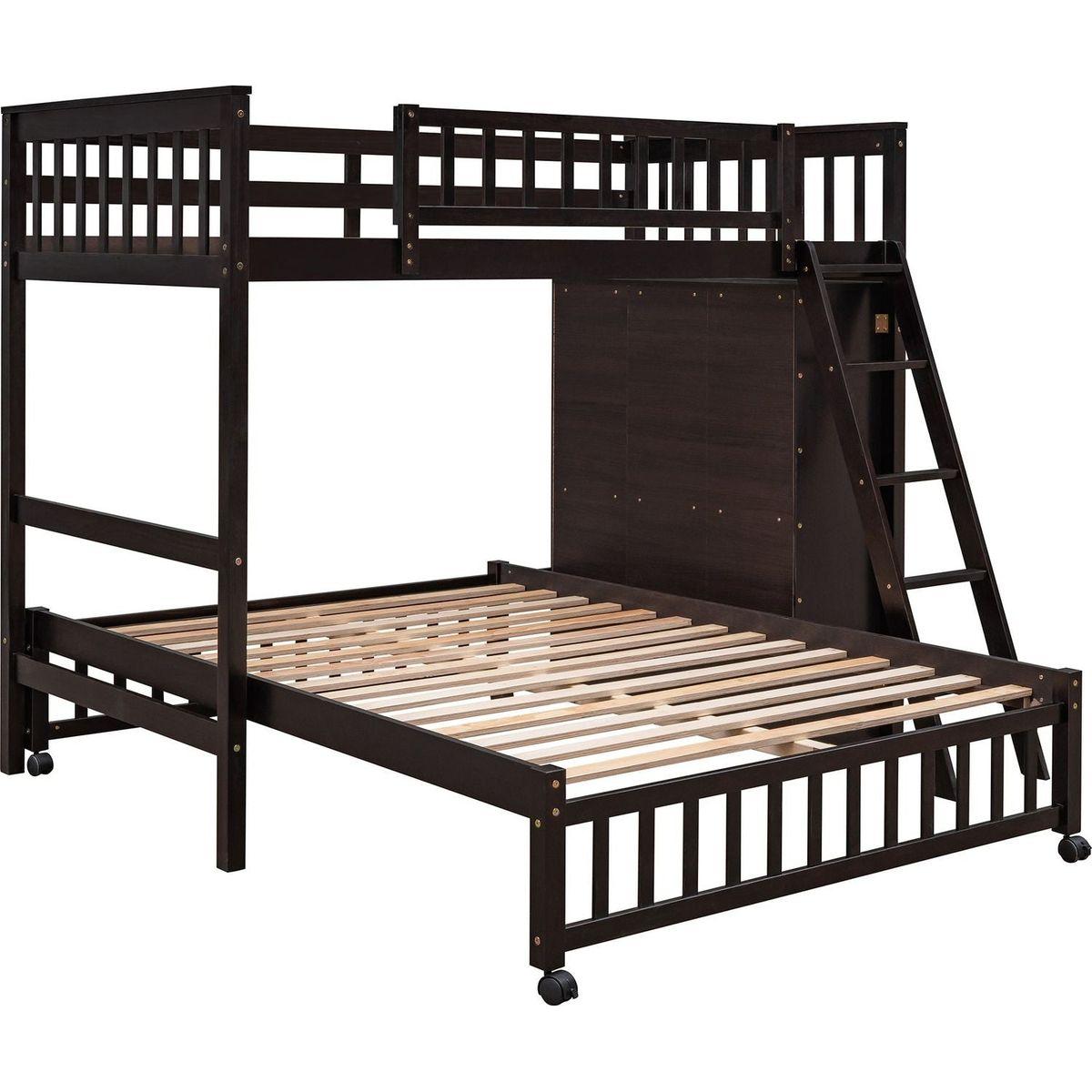Wooden Twin Over Full Bunk Bed With Six Drawers And Flexible Shelves,Bottom Bed With Wheels,Espresso