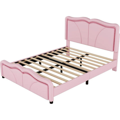 Full Size Upholstered Platform Bed with Curve Shaped and Height-adjustbale Headboard,LED Light Strips,Pink