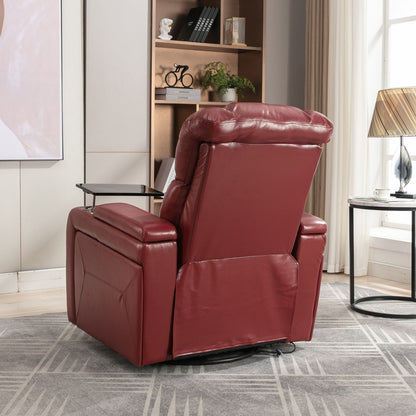 270 Degree Swivel PU Leather Power Recliner Individual Seat Home Theater Recliner with Comforable Backrest, Tray Table, Phone Holder, Cup Holder, USB Port, Hidden Arm Storage for Living Room, Red