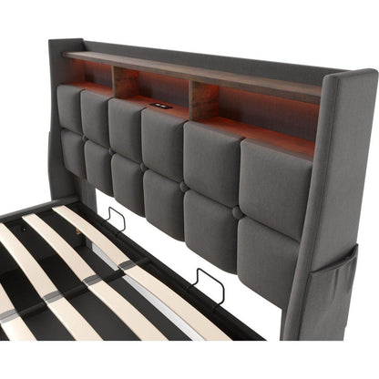 Full size Upholstered Platform bed with a Hydraulic Storage System, LED and USB Charging, Grey (without mattress)