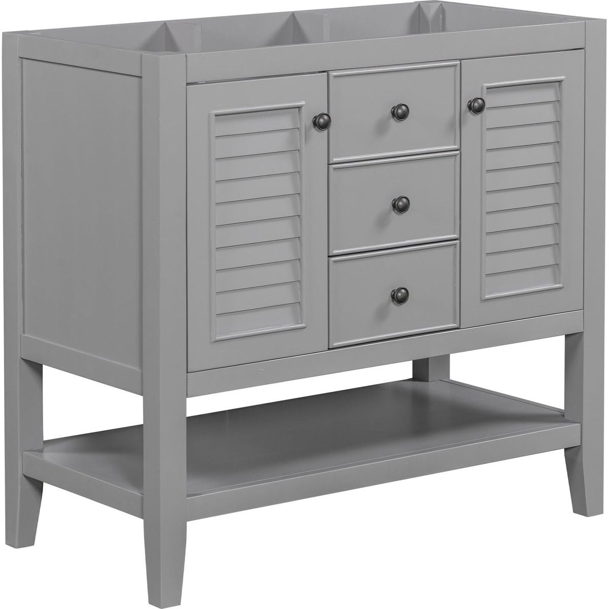 36" Bathroom Vanity without Sink, Cabinet Base Only, Two Cabinets and Drawers, Open Shelf, Solid Wood Frame, Grey