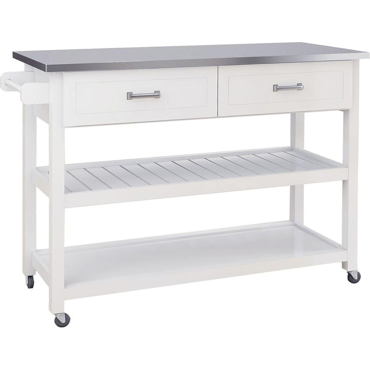 Stainless Steel Table Top White Kicthen Cart With Two Drawers