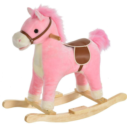 Qaba Rocking Horse Plush Animal on Wooden Rockers, Baby Rocking Chair with Sounds, Moving Mouth, Wagging Tail, Pink