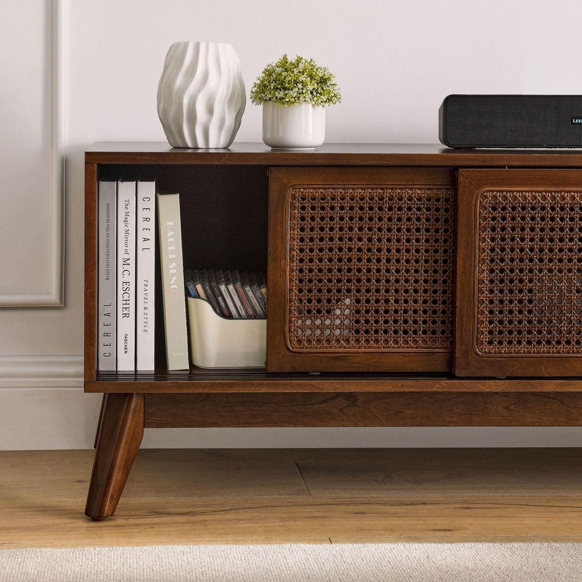 59 Inch Mid Century Modern Rattan TV Stand for 65 Inch TV, Entertainment Cabinet, Media Console for Living Room Bedroom Media Room, Solid Wood Feet & Rattan Cabinet Doors - Dark Wood