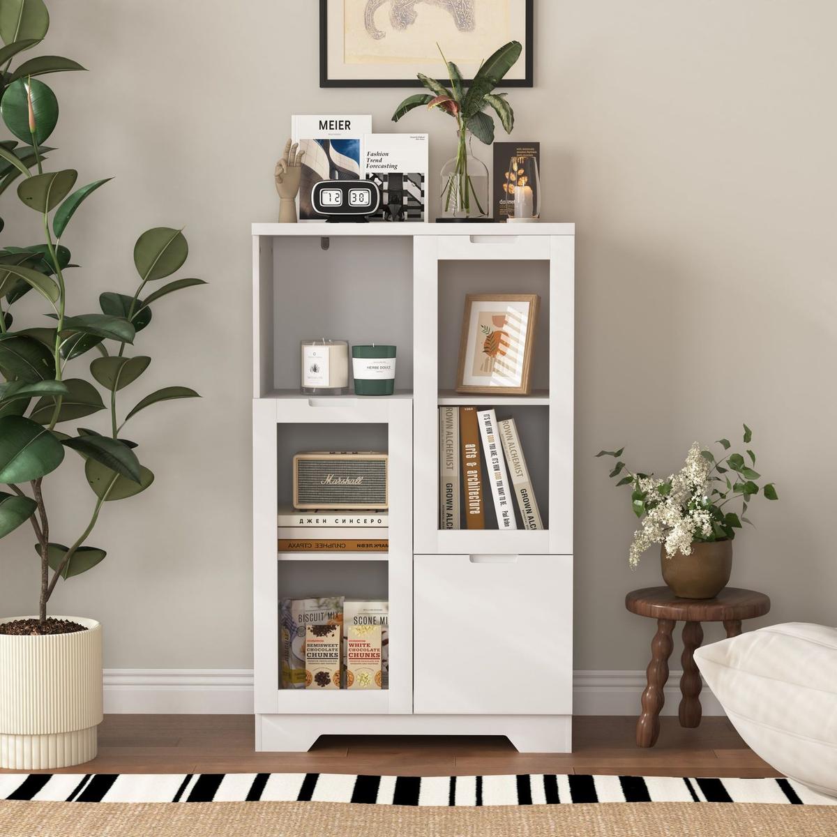 Wooden Floor Cabinet with 2 Glass Doors and 2 Storage Space,White, Living Room Bathroom Entryway White