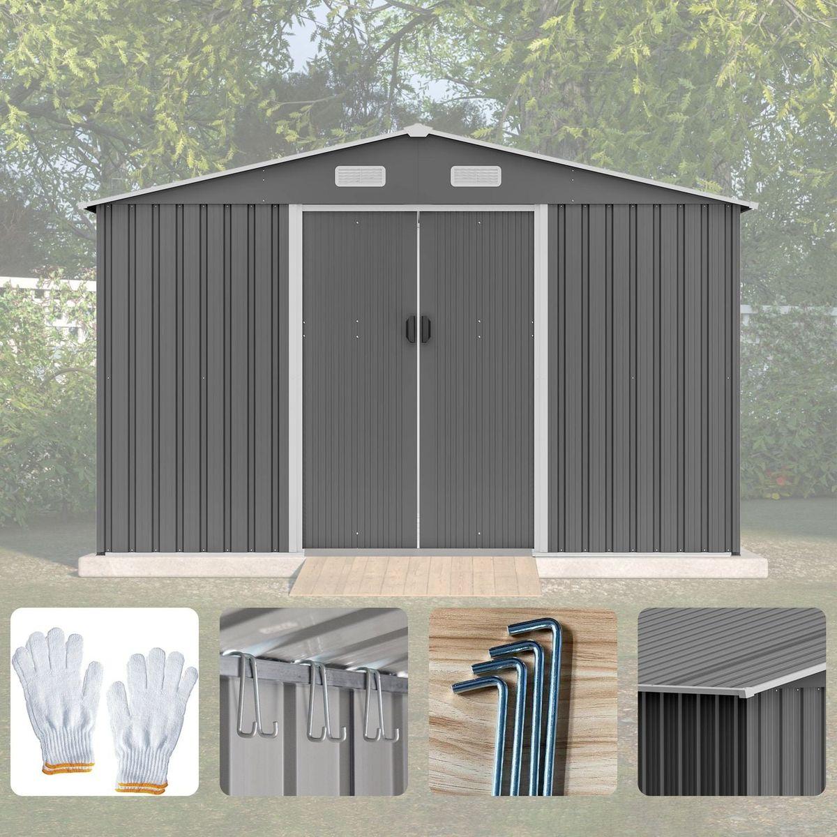 10X8 FT Outdoor Storage Shed, Metal Foundation & Lockable Doors, Tool Shed for Garden, Patio, Backyard, Lawn, Grey - Streamdale Furniture