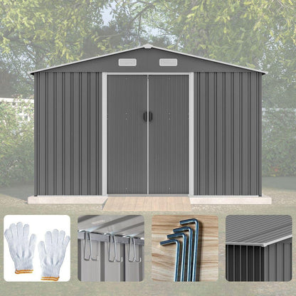 10X8 FT Outdoor Storage Shed, Metal Foundation & Lockable Doors, Tool Shed for Garden, Patio, Backyard, Lawn, Grey - Streamdale Furniture