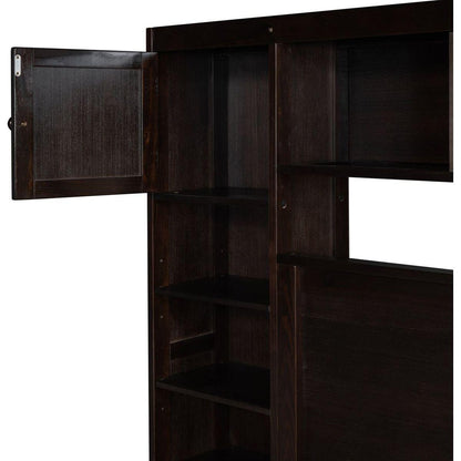 Queen Size Wooden Bed With All-in-One Cabinet, Shelf and Sockets, Espresso